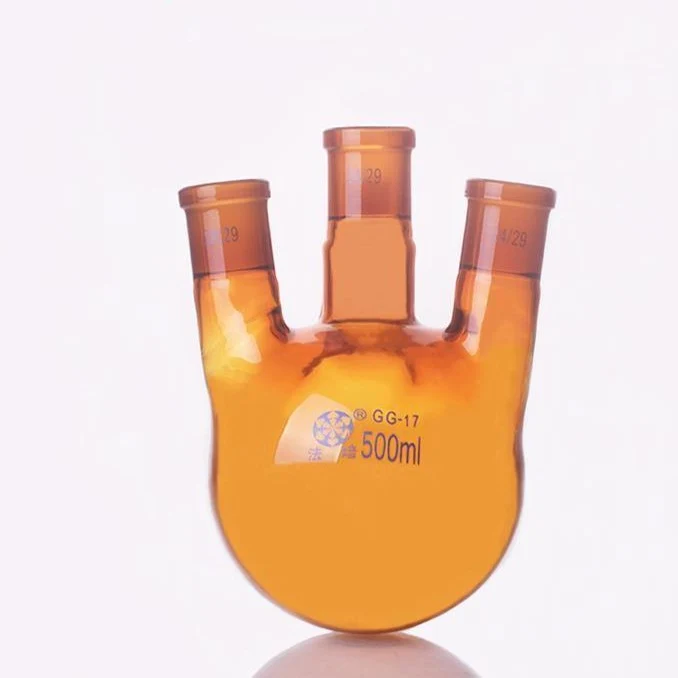 Dreihals Rundkolben, Seitenhälse schräg, Braunglas, 100 ml bis 500 ml