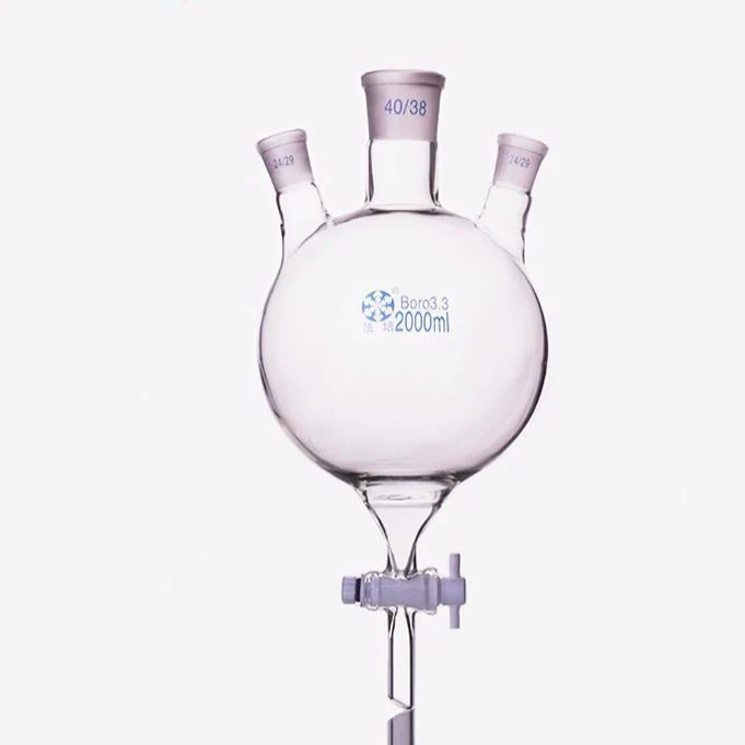 Dreihals Rundkolben mit Bodenablauf und PTFE-Hahn, Kapazität 250 bis 5.000 ml