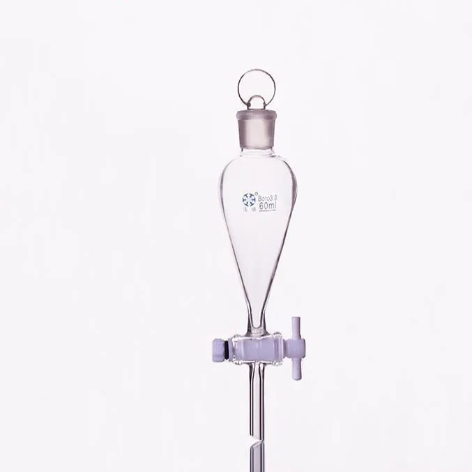 Scheidetrichter gem. nach Squibb mit PTFE-Hahn und Glasstopfen, Fassungsvermögen 60 ml bis 1.000 ml.