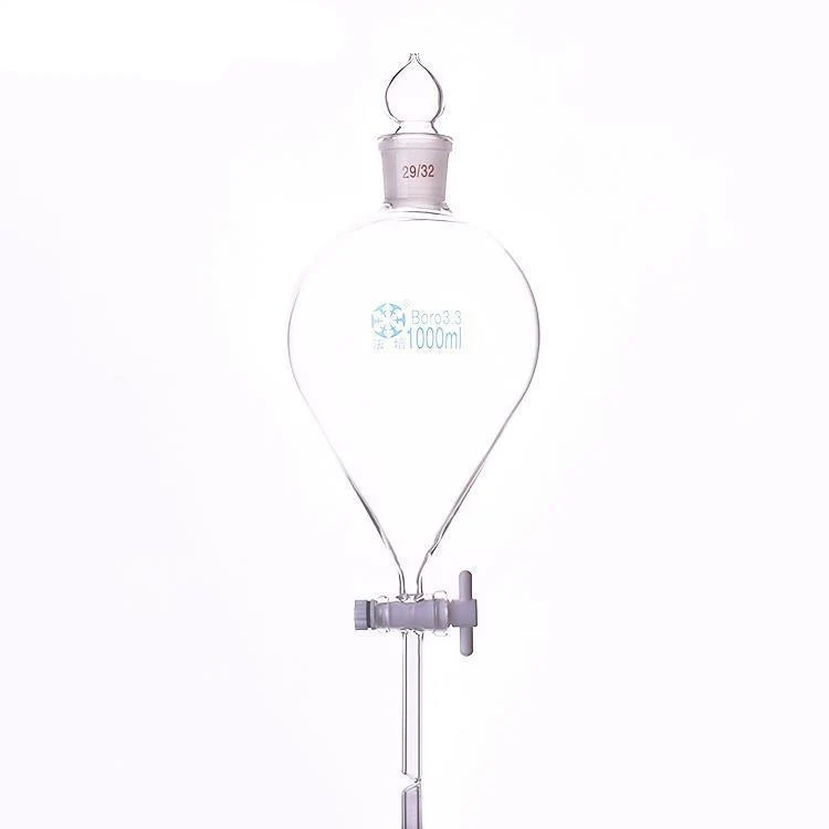 Scheidetrichter mit PTFE-Hahn und Glasstopfen, Fassungsvermögen 60 ml bis 1.000 ml.