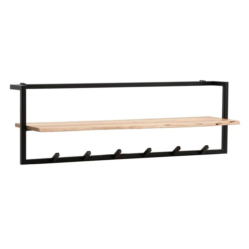 Wandgarderobe Akazie Massivholz mit Baumkante und 6 Haken in Schwarz
