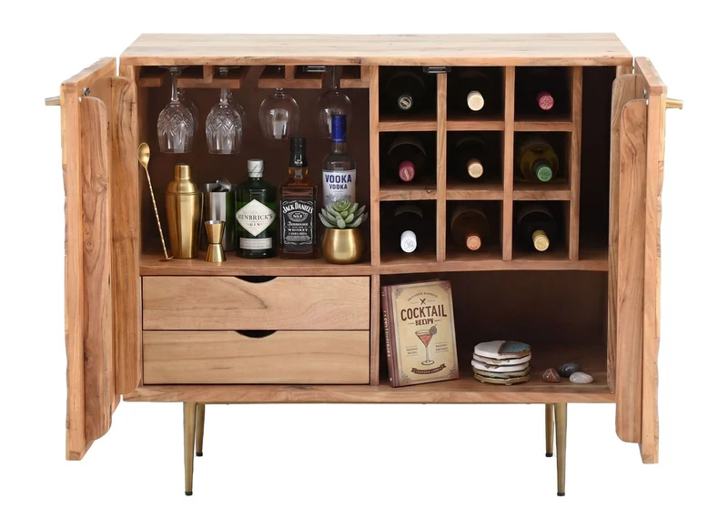 Hausbar Akazie Massivholz mit Weinregal von Wohnling, 90 cm