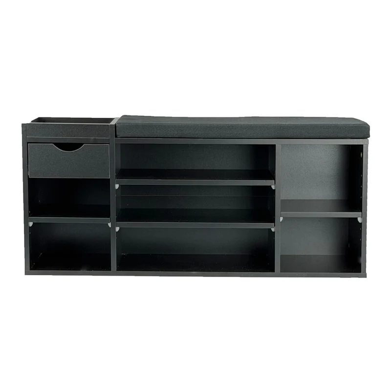 Schuhbank Flur Schwarz 100 cm mit Sitzkissen, Schublade und Regalböden