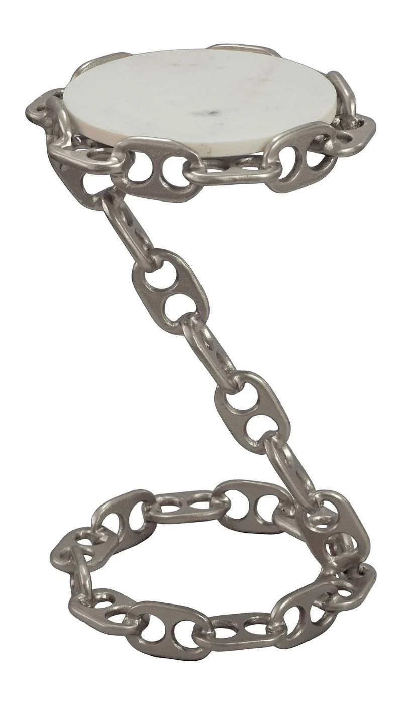 Beistelltisch Marmor mit Kettengestell in Silber, rund, 31 cm