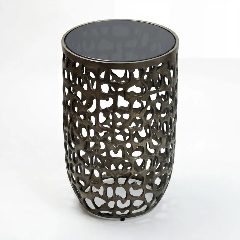 Beistelltisch rund 30 cm Schwarz, Glas und Aluminium, Handmade