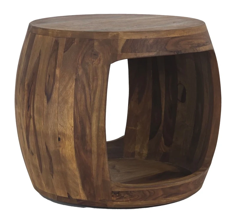 Beistelltisch Sheesham Massivholz rund mit Ablagefach im Naturdesign