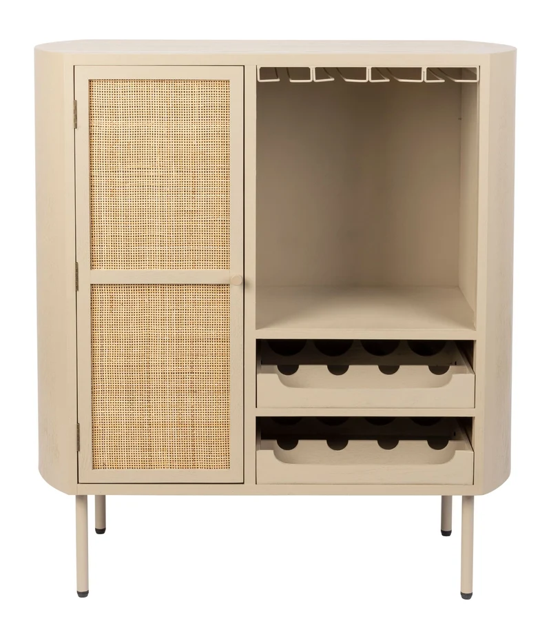 Weinschrank Amaya Low im Japandi-Stil mit Rattan-Tür, Beige, 90 cm