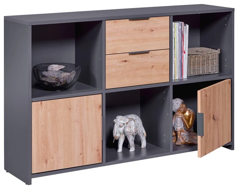 Regal Kommode PEPETO 2 Türen 2 Schubladen Optik: Grau / Artisan Eiche