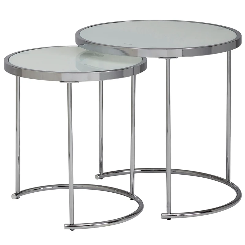 Beistelltisch 2er Set Rund Ø50/42cm Weiß Silber Glasplatte