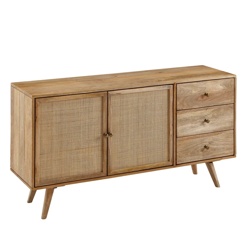 Sideboard 140x75x40cm Mango Massivholz Rattan 3 Schubladen 2 Türen