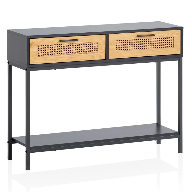 Konsolentisch Schwarz 100x30x75cm Wiener Geflecht Schubladen Rattan
