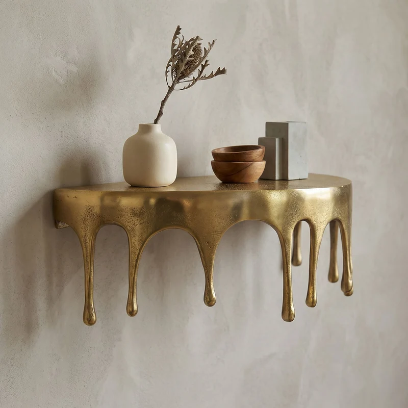 Wandregal Drops 45 cm aus Aluminium in Gold, Handmade Hängeregal