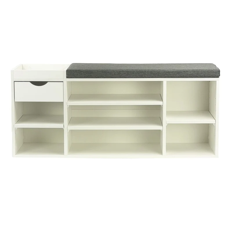 Schuhbank Flur Weiß 100 cm mit Sitzkissen, Schublade und Regalböden
