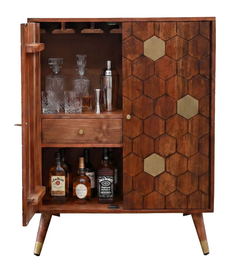 Hausbar Akazie Massivholz mit Wabenmuster – Wohnling Barschrank