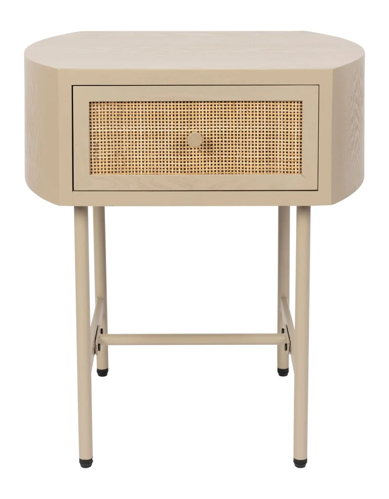 Beistelltisch Amaya im Japandi-Stil, oval mit Rattanschublade in Beige