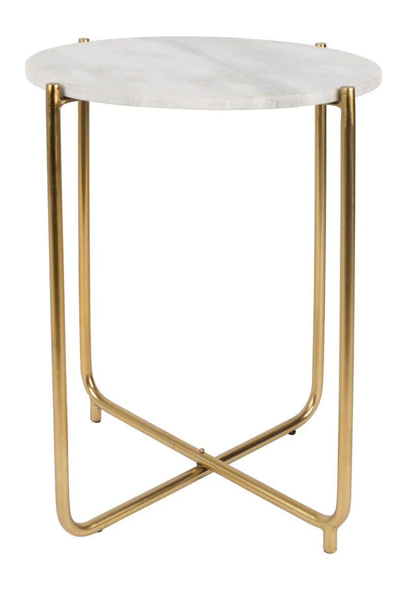 Beistelltisch Timpa aus Marmor Weiß mit goldenem Metallgestell, rund