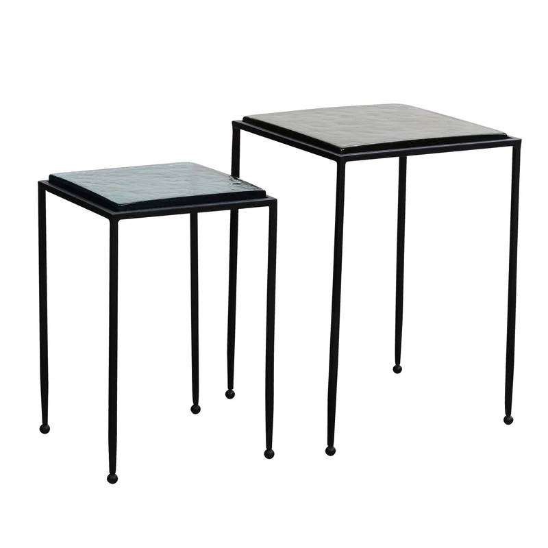 Beistelltisch 2er Set Glas Metall Blau Schwarz Quadratisch