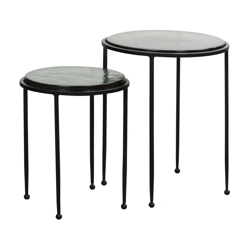 Beistelltisch 2er Set Glas Metall Rund Grün Schwarz abnehmbar Modern
