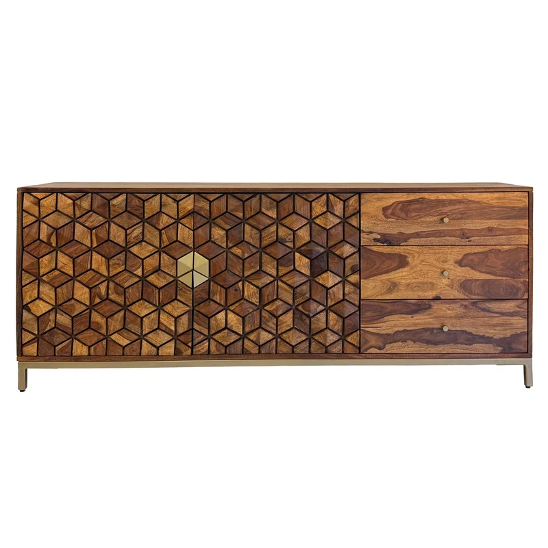 Sideboard Sheesham Massivholz 180cm 2 Türen 3 Schubladen Goldgestell