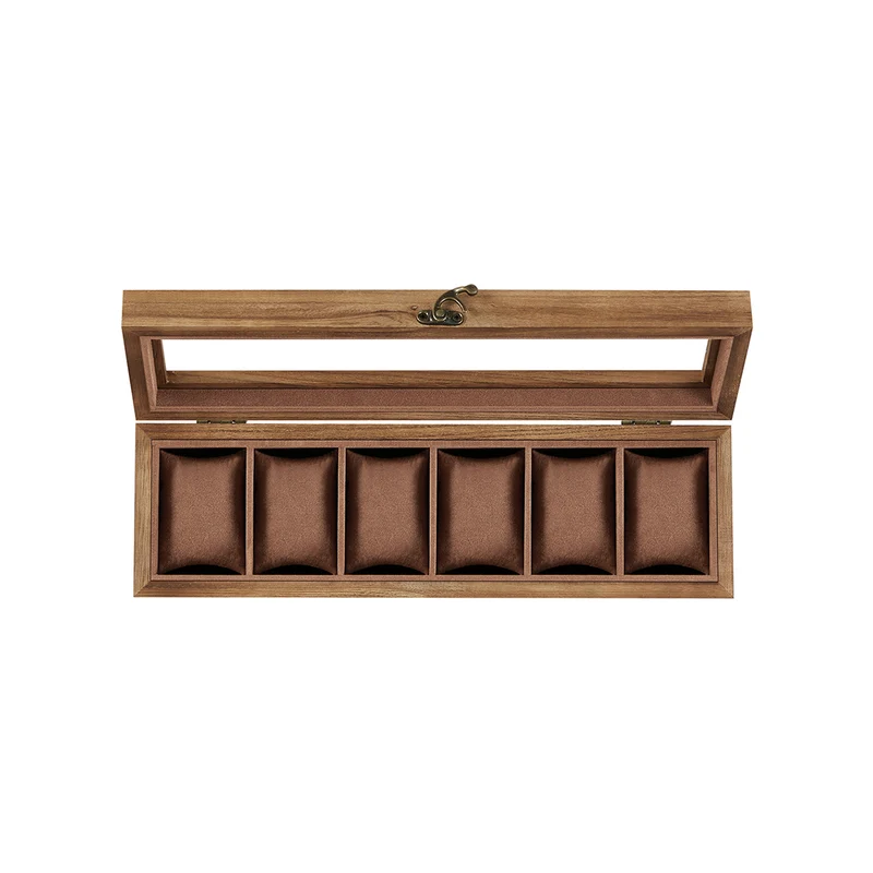 Uhrenbox 6 Fächer aus Massivholz mit Glasdeckel walnussfarben