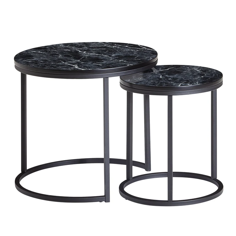 Beistelltisch 2er Set Rund Marmoroptik Schwarz Metallgestell Modern