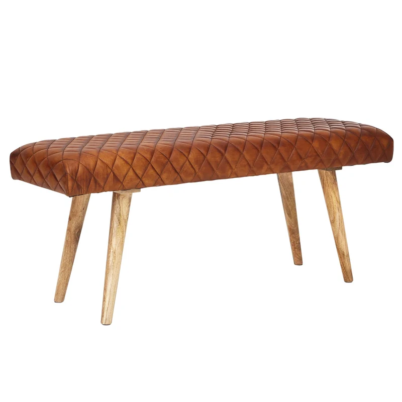 Sitzbank Echtleder Massivholz 115x53x38cm Polsterbank Braun Flur Esszimmer