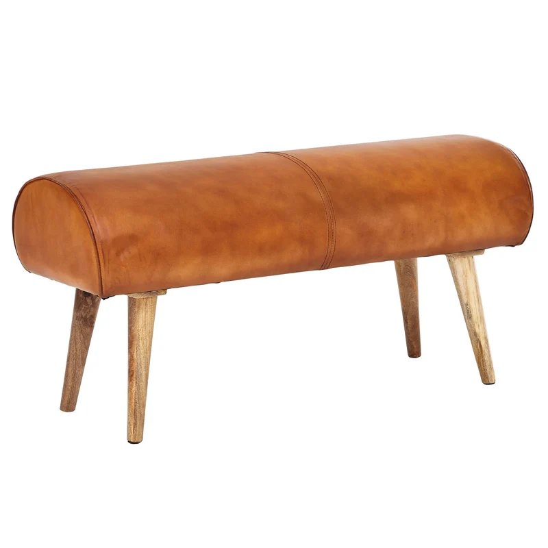 Sitzbank Echtleder Massivholz 100x53x40cm Polsterbank Braun Flur