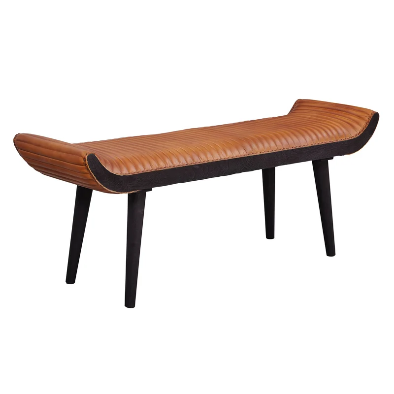 Sitzbank Echtleder Massivholz Braun 125x51x38cm Modern Design