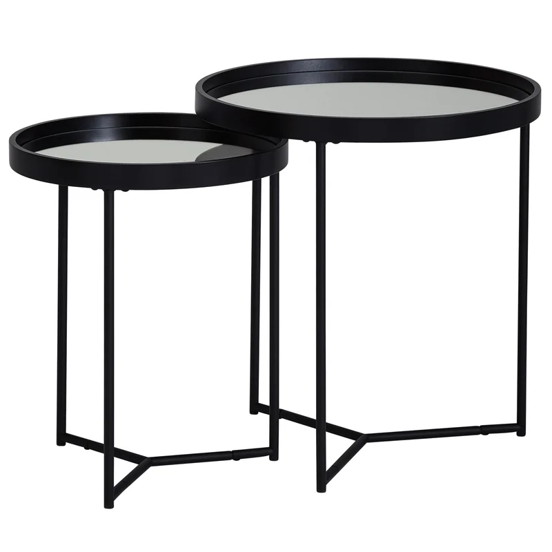 Beistelltisch 2er Set Rund Schwarz Spiegelglas Wohnzimmertisch