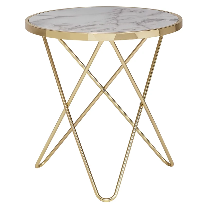 Beistelltisch Marmoroptik Weiß Rund Ø55cm Gold Metallgestell