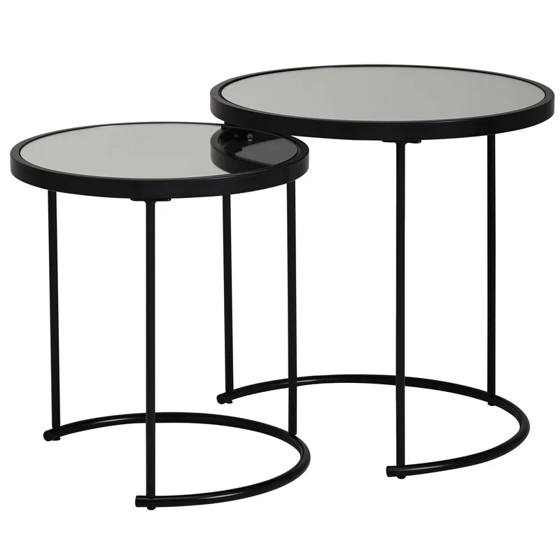 Beistelltisch 2er Set Rund Ø50/42cm Schwarz Spiegelglas Wohnzimmertisch