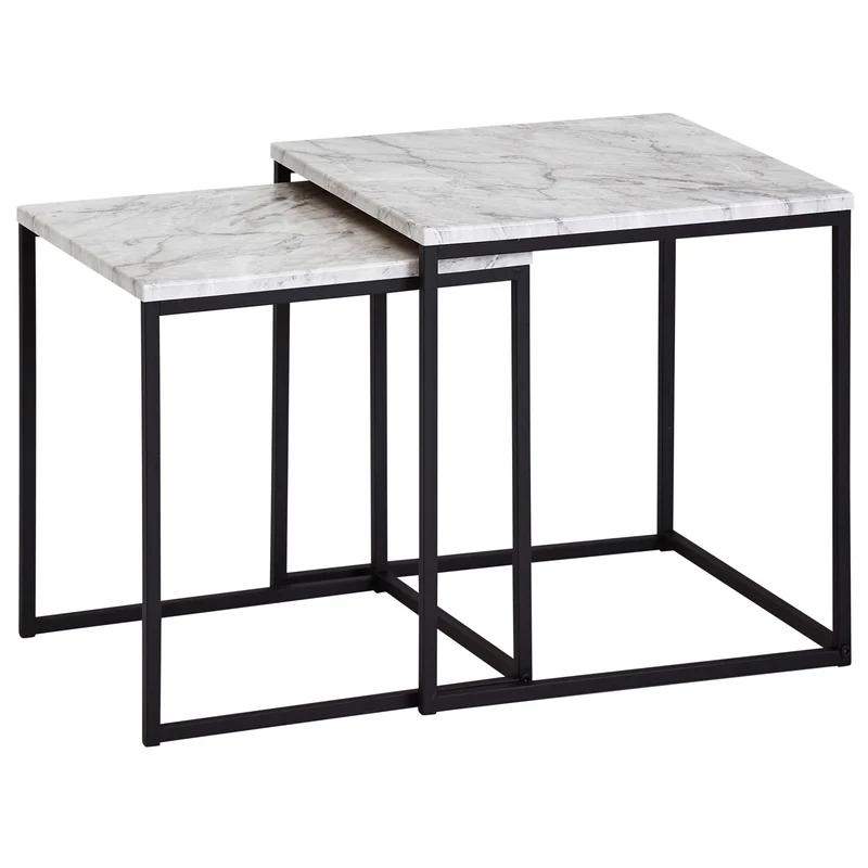 Beistelltisch 2er Set Marmoroptik Weiß Schwarzgestell Modern
