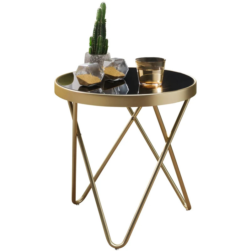 Beistelltisch PARMA Rund 42x46cm Glas Metall Schwarz Matt Gold