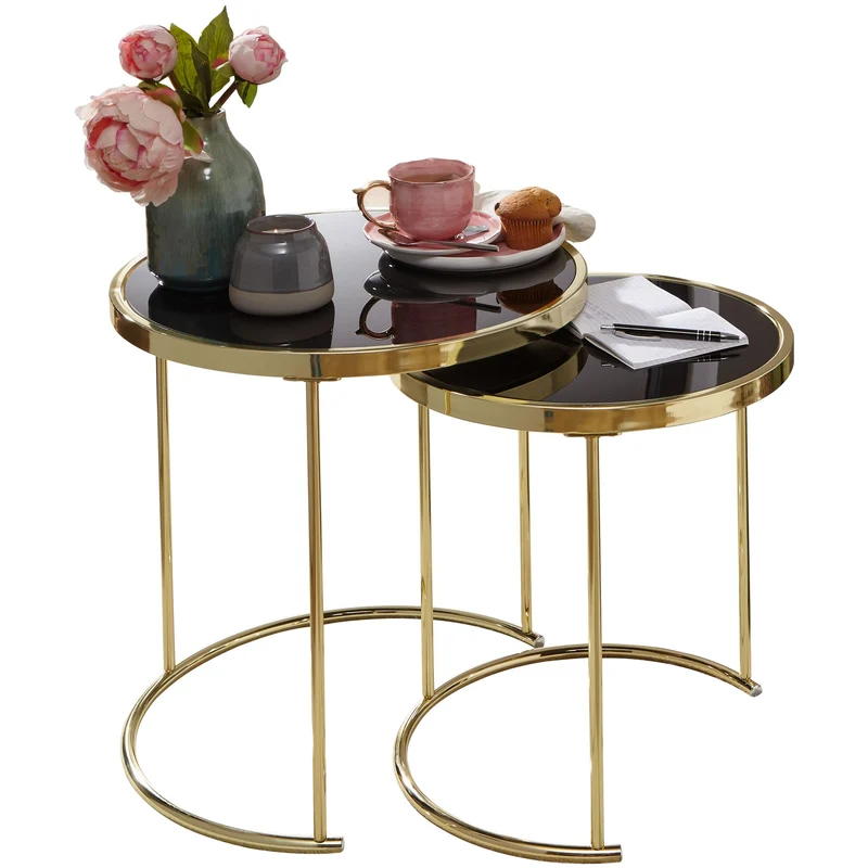 Satztisch Set COMO Metall Glas Schwarz Gold modern Beistelltisch