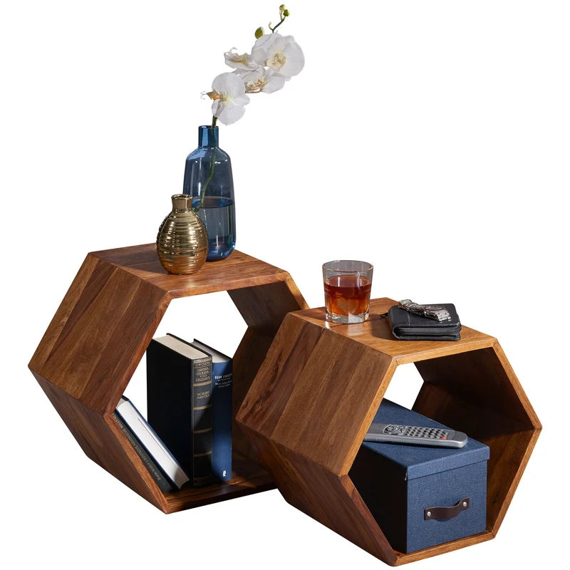 Beistelltisch 2er Set Sheesham Massivholz Design Wohnzimmer Couchtisch