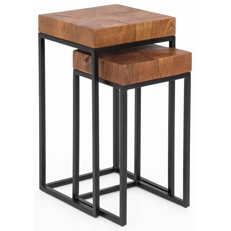 Satztisch WL5.660 2er Set Sheesham Metall Beistelltisch Massivholz