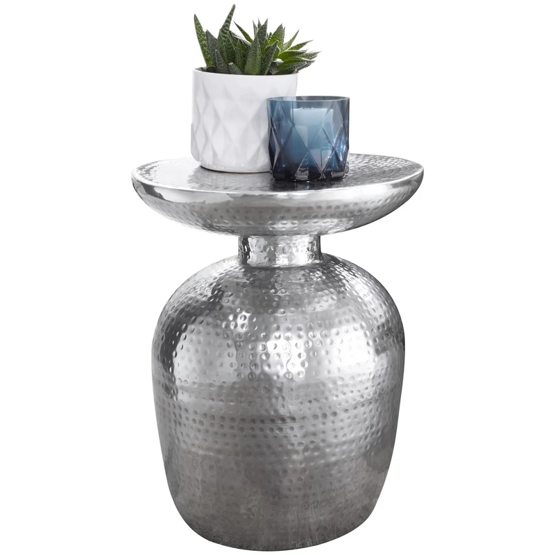 Beistelltisch Aluminium Silber rund orientalisch modern Hammerschlag