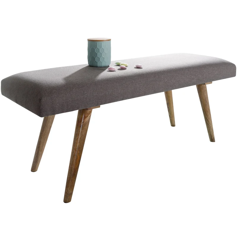 Sitzbank Retro 117x51x38cm Stoff Massivholz Grau Braun Polsterbank