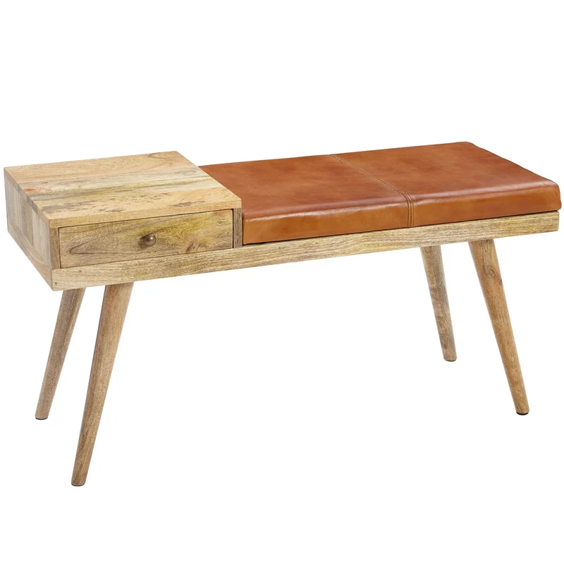 Sitzbank Retro Ziegenleder Massivholz 100x52x38cm Braun Stauraum
