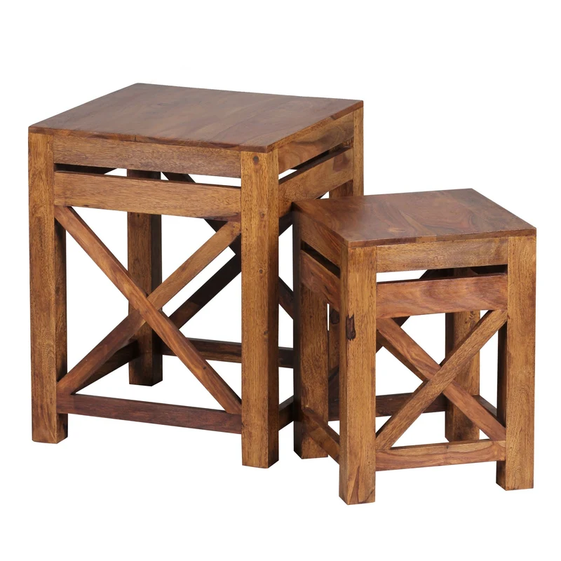 Beistelltisch Set PALI Sheesham Massivholz Dunkelbraun Landhausstil
