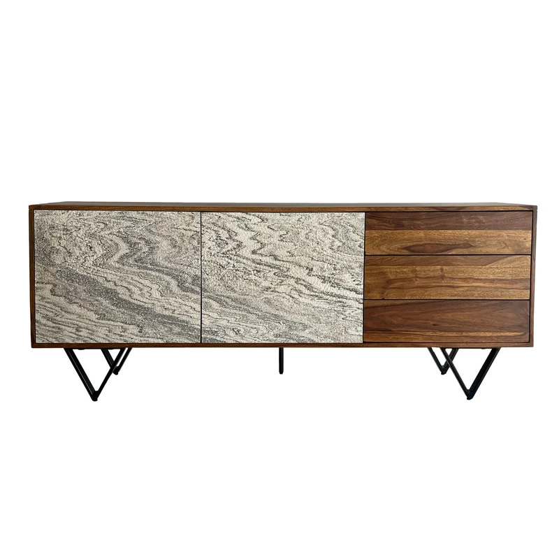 Sideboard Sheesham Massivholz 175x71x40cm Steinoptik Weiß Modern