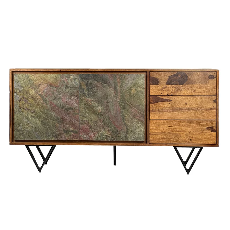 Sideboard Sheesham Massivholz 150x40x55cm 2 Türen 3 Schubladen 3D Steinoptik