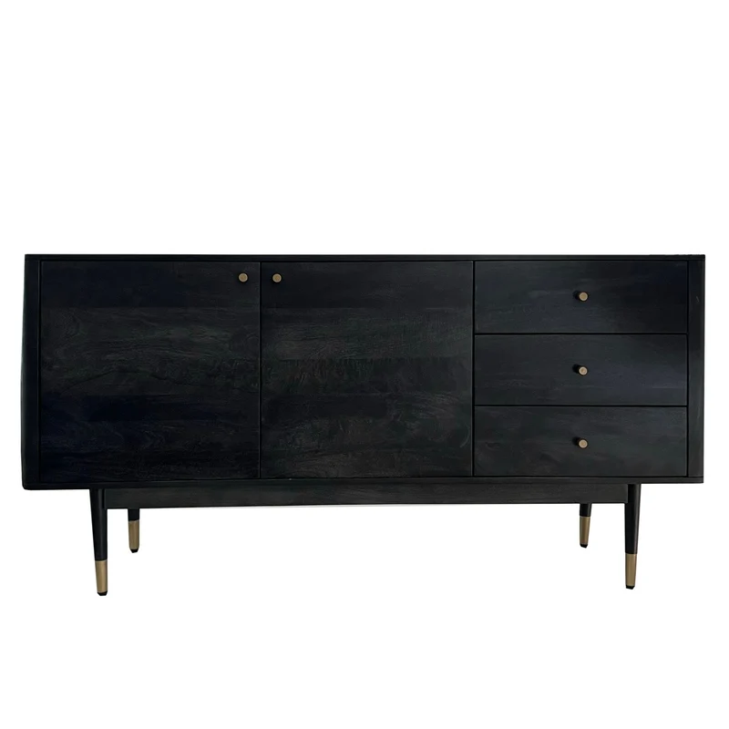 Sideboard Akazie Massivholz 160x81x42cm Schwarz Modern 2 Türen 3 Schubladen