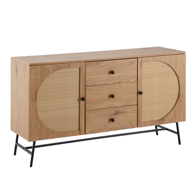 Sideboard 140x80x40cm Eiche-Dekor Rattan Modern 2 Türen 3 Schubladen