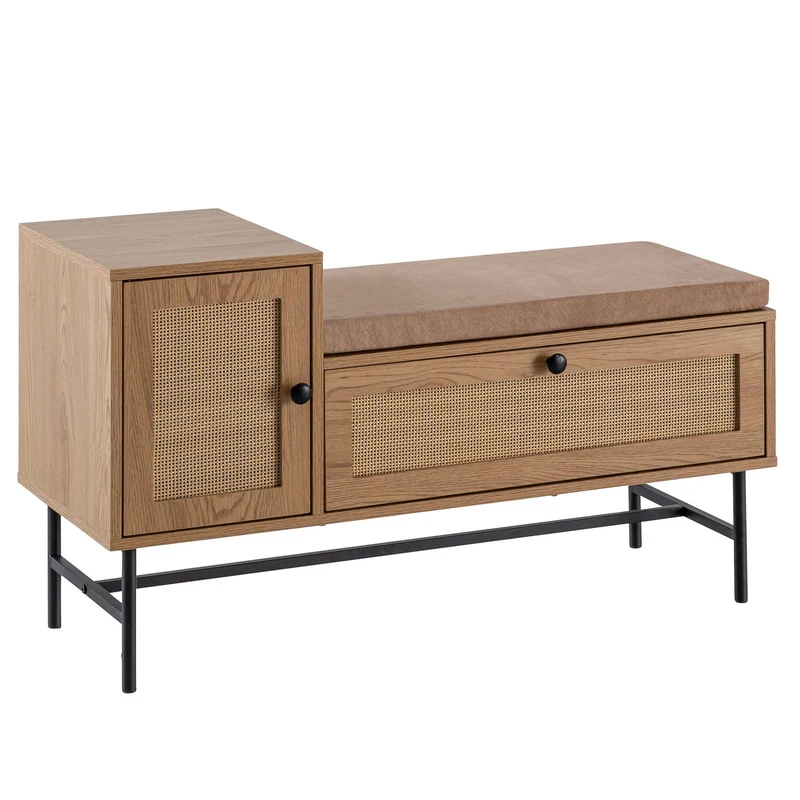 Schuhbank Eiche-Dekor Rattan gepolstert Stauraum Schublade Tür 100x60x38cm