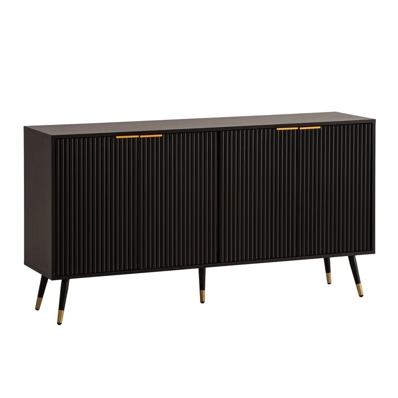Sideboard 150x81x39cm Schwarz Eiche-Dekor Türen Metallbeine Modern