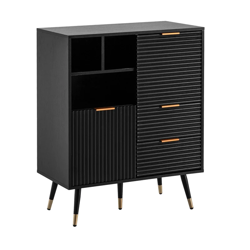 Sideboard 77x97x40cm Schwarz Eiche-Dekor Türen Schubladen Modern