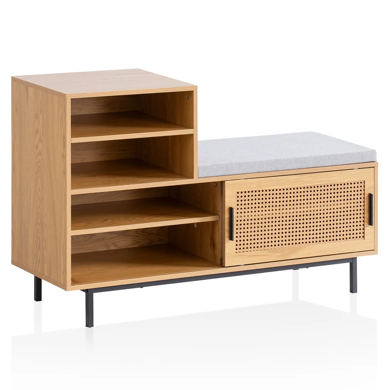 Schuhbank Eiche-Dekor 120x75,5x40cm Rattan gepolstert Stauraum Schiebetür