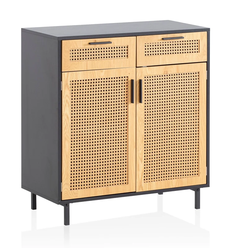 Sideboard 80x86,5x40 cm Schwarz Wiener Geflecht Rattan 2 Türen Schubladen