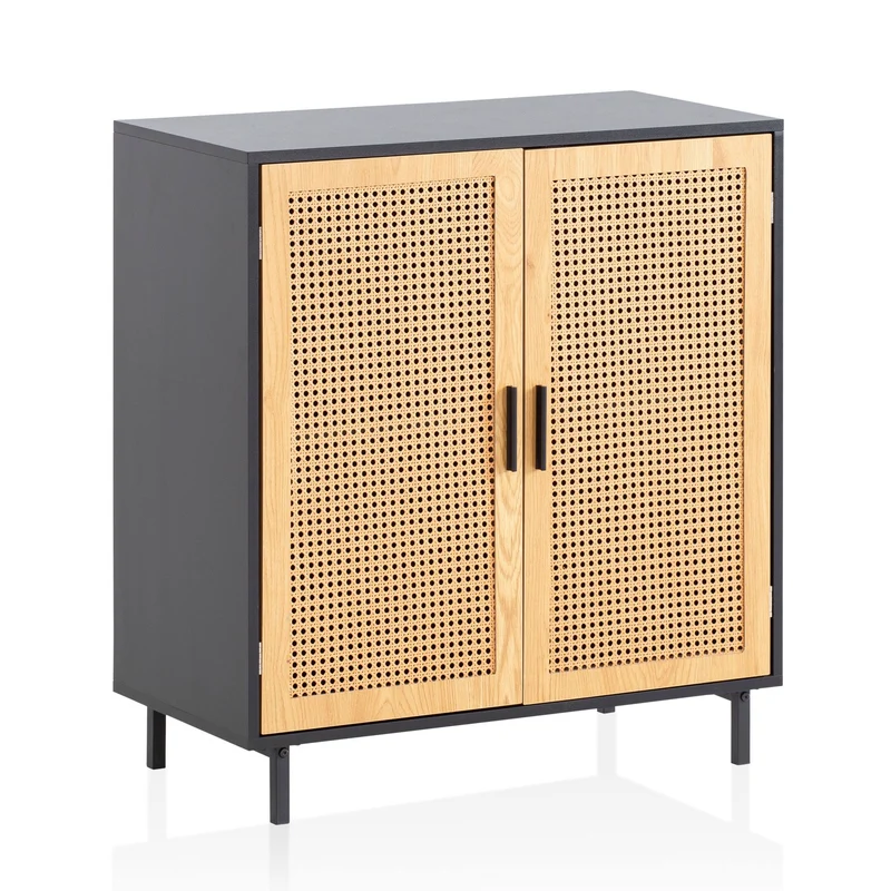 Sideboard 80x86,5x40cm Schwarz Wiener Geflecht Rattan 2 Türen